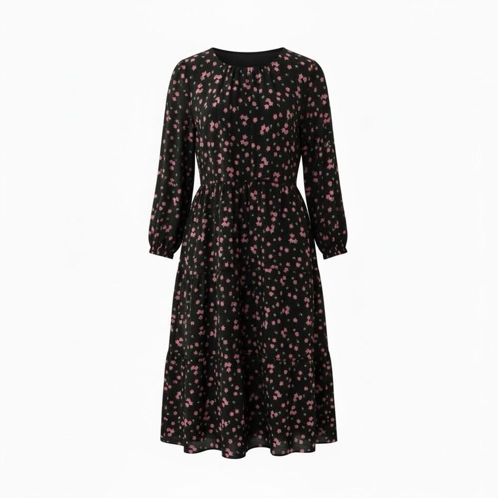 Wednesday's Girl Sz 20 Midi Dress Black w/Ditsy Rose Print 3 Tiered Cottage Goth